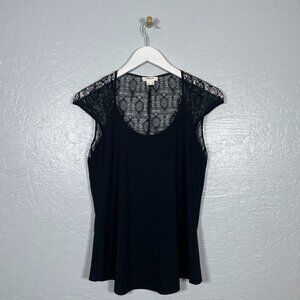 Helmut Lang Women M Black Puckered Lace Blouse Cap Sleeve Scoop Neck Casual